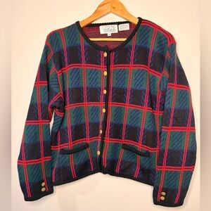 Vintage Tally-Ho Plaid Cardigan XL 90s Preppy Gold Button Sweater